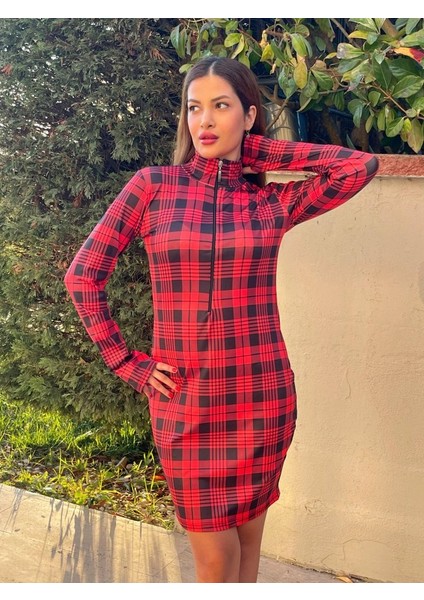 Mottisfashion Kadın Uzun Kollu Fermuarlı Ekose Baskılı Dalgıç Elbise fiyatları