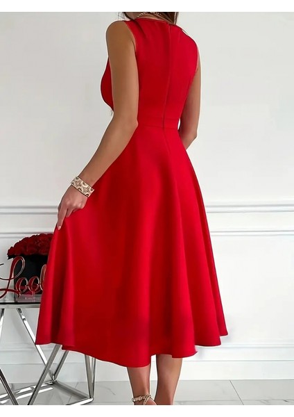 Mottisfashion Kadın Ithal Krep Kumaş Kruvaze Yaka Eteği Kloş Kolsuz Mini Elbise modelleri