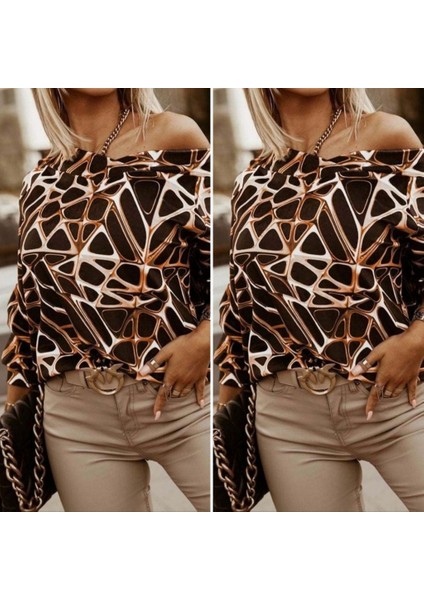 Mottisfashion Kadın Uzun Kollu V Yaka Düşük Omuz Geometrik Desen Şardonlu Dalgıç Bluz