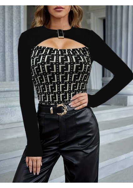 Mottisfashion Kadın Uzun Kollu Bisiklet Yaka Göğüs Dekolte ve Toka Detay Dalgıç Bluz
