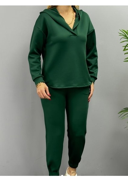Mottisfashion Kadın Uzun Kol V Yaka Kapüşon Detay Sweat ve Yüksel Bel Eşofman Ikili Takım indirimleri