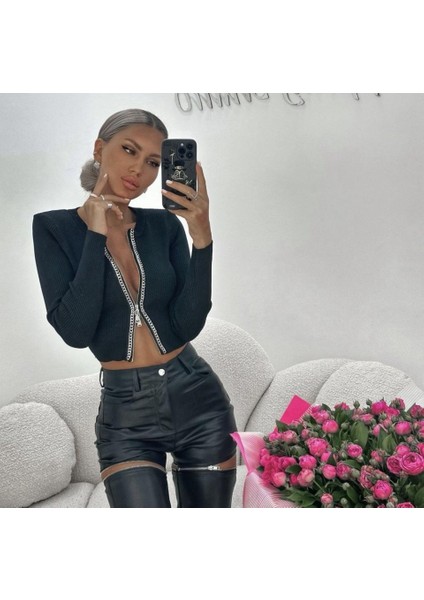Mottisfashion Kadın Kaşkorse Kumaş Zincirli Çift Fermuarlı Fırsat Ürün Bluz