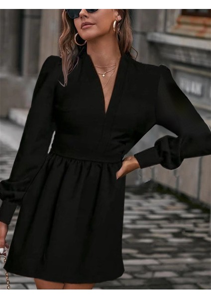 Mottisfashion Kadın Uzun Kollu V Yaka Belden Hafif Pileli Scuba Krep Mini Boy Elbise