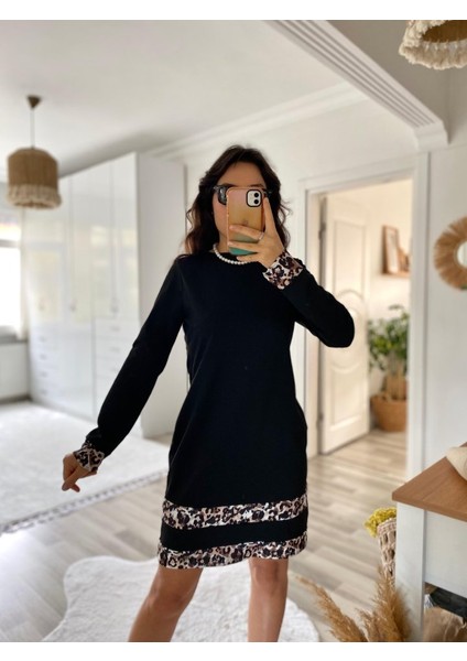 Mottisfashion Kadın Uzun Kollu Bisiklet Yaka Şerit Leopar Desenli Dalgıç Elbise