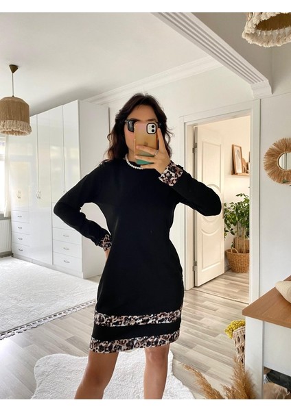 Mottisfashion Kadın Uzun Kollu Bisiklet Yaka Şerit Leopar Desenli Dalgıç Elbise