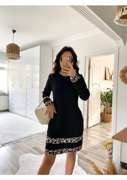 Mottisfashion Kadın Uzun Kollu Bisiklet Yaka Şerit Leopar Desenli Dalgıç Elbise