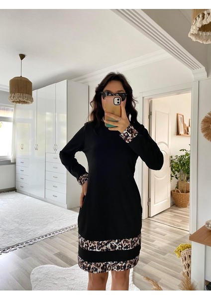Mottisfashion Kadın Uzun Kollu Bisiklet Yaka Şerit Leopar Desenli Dalgıç Elbise