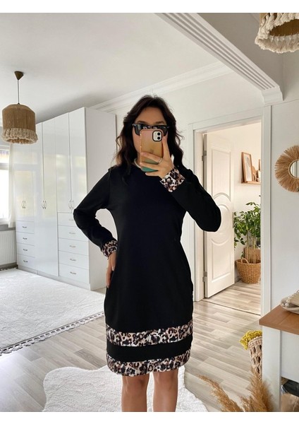 Mottisfashion Kadın Uzun Kollu Bisiklet Yaka Şerit Leopar Desenli Dalgıç Elbise
