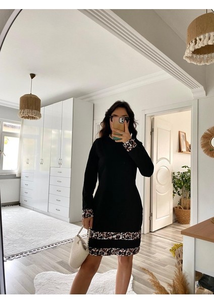 Mottisfashion Kadın Uzun Kollu Bisiklet Yaka Şerit Leopar Desenli Dalgıç Elbise