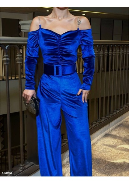 Mottisfashion Kadın Modanna Yaka Zincir Askı Detay Kemer Dahil Kadife Kumaş Tulum indirimleri