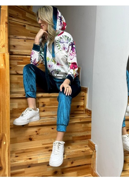 Mottisfashion Kadın Kadife Kumaş Uzun Kollu Kapüşon Detay Çiçek Baskılı Sweat ve Pantolon Ikili Takım fiyatları
