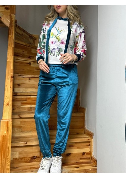 Mottisfashion Kadın Kadife Kumaş Uzun Kollu Kapüşon Detay Çiçek Baskılı Sweat ve Pantolon Ikili Takım
