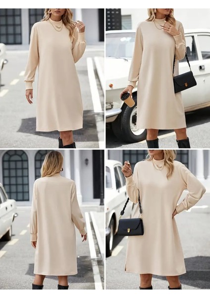 Mottisfashion Kadın Uzun Kollu Balıkçı Yaka Kısa Şardonlu Dalgıç Elbise