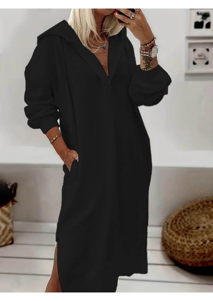 Mottisfashion Kadın Uzun Kollu Kapüşonlu Yakası Açık Modal Elbise indirimleri