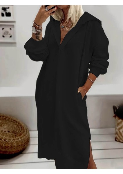 Mottisfashion Kadın Uzun Kollu Kapüşonlu Yakası Açık Modal Elbise