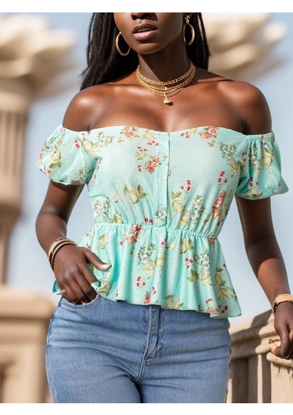 Mottisfashion Kadın Kısa Kollu Madonna Yaka Çiçek Desenli Düğme Detay Gipeli Süprem Kumaş Bluz