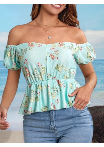 Mottisfashion Kadın Kısa Kollu Madonna Yaka Çiçek Desenli Düğme Detay Gipeli Süprem Kumaş Bluz