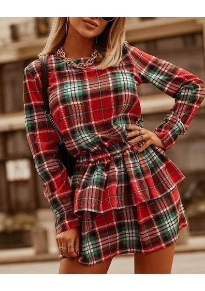 Mottisfashion Kadın Ekose Kumaş Dijital Baskılı Uzun Kollu Mini Boy Elbise