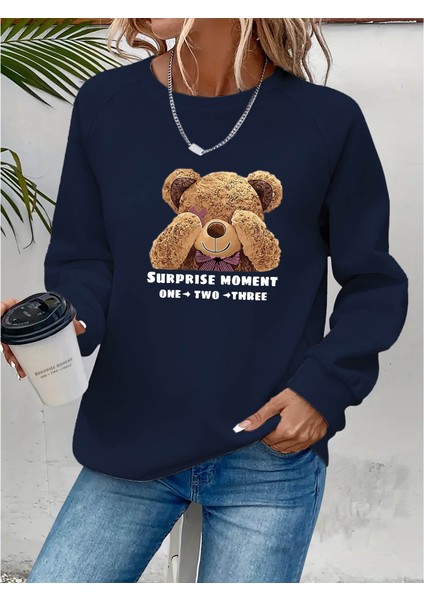 Mottisfashion Kadın Uzun Kollu Bisiklet Yaka Ayıcık Desenli Viskon Iki Iplik Bluz