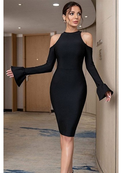Mottisfashion Kadın Uzun Kollu Bisiklet Yaka Omuz Açık Kol Ağzı Fırfır Detay Dalgıç Midi Boy Elbise fırsatları