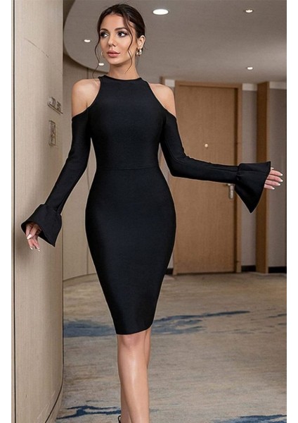 Mottisfashion Kadın Uzun Kollu Bisiklet Yaka Omuz Açık Kol Ağzı Fırfır Detay Dalgıç Midi Boy Elbise