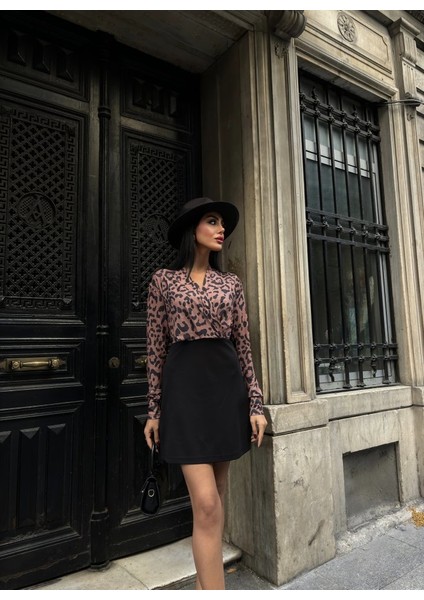 Mottisfashion Kadın Uzun Kollu Kruvaze Yaka Krep Mini Boy Elbise