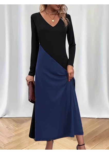 Mottisfashion Kadın Uzun Kollu V Yakalı Blok Desenli Viskon Elbise