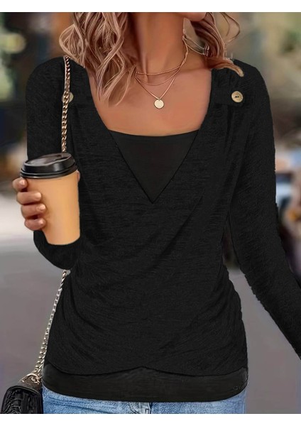 Mottisfashion Kadın Uzun Kollu V Yaka Düğme Detaylı Yumoş Bluz