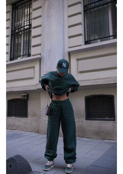 Mottisfashion Bisiklet Yaka Nakış Işlemeli Üç Iplik Sweat Takım - Yeşil