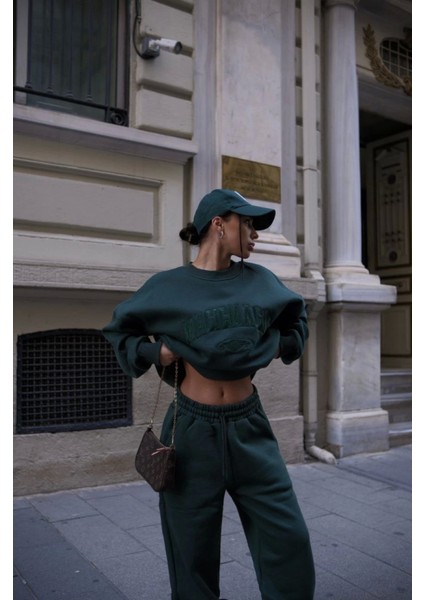 Mottisfashion Bisiklet Yaka Nakış Işlemeli Üç Iplik Sweat Takım - Yeşil