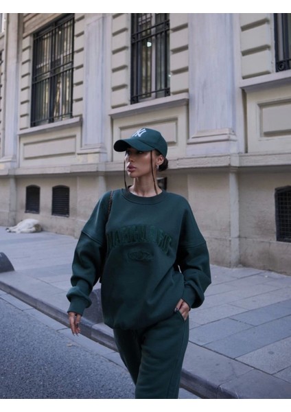 Mottisfashion Bisiklet Yaka Nakış Işlemeli Üç Iplik Sweat Takım - Yeşil