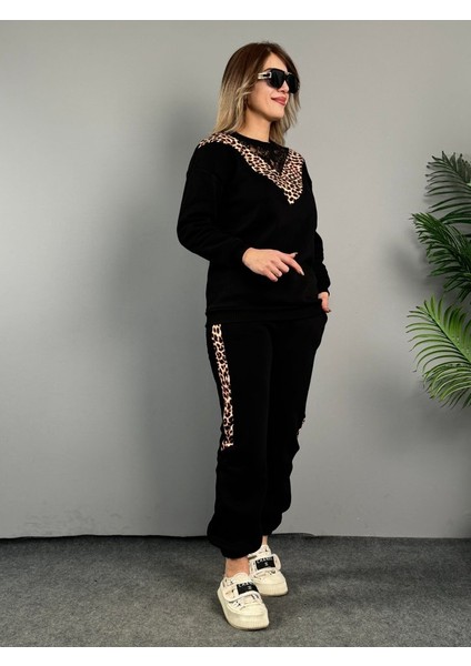 Mottisfashion Kadın Üç Iplik Kumaş Leopar Desenli Dantel Detaylı Ikili Takım fiyatları