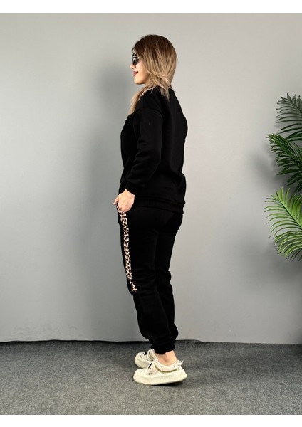 Mottisfashion Kadın Üç Iplik Kumaş Leopar Desenli Dantel Detaylı Ikili Takım fırsatları