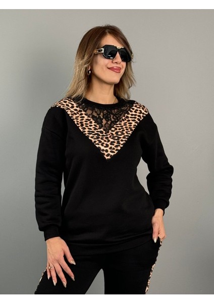 Mottisfashion Kadın Üç Iplik Kumaş Leopar Desenli Dantel Detaylı Ikili Takım