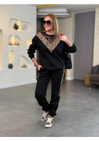 Mottisfashion Kadın Üç Iplik Kumaş Leopar Desenli Dantel Detaylı Ikili Takım