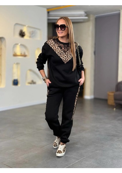Mottisfashion Kadın Üç Iplik Kumaş Leopar Desenli Dantel Detaylı Ikili Takım