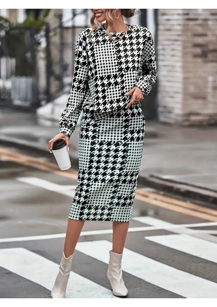 Mottisfashion Kadın Uzun Kollu Bisiklet Yaka Şardonlu Dalgıç Bluz ve Yırtmaçlı Midi Etek Takım fırsatları