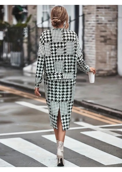 Mottisfashion Kadın Uzun Kollu Bisiklet Yaka Şardonlu Dalgıç Bluz ve Yırtmaçlı Midi Etek Takım