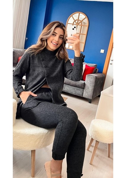 Mottisfashion Kadın Uzun Kollu Balıkçı Yaka Önden Düğmeli Bluz ve Pantolon Yumoş Ikili Takım