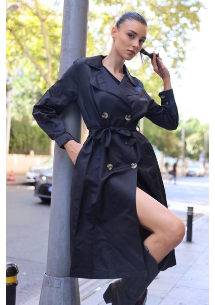 Mottisfashion 5853 Kruvaze Yaka Trençkot - Siyah