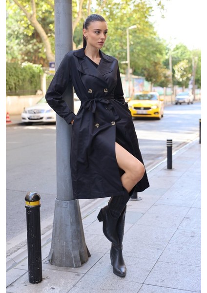 Mottisfashion 5853 Kruvaze Yaka Trençkot - Siyah