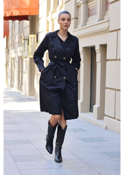 Mottisfashion 5853 Kruvaze Yaka Trençkot - Siyah