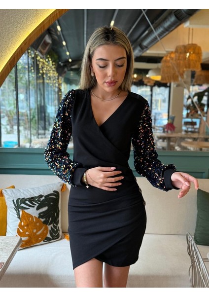 Mottisfashion Kadın Uzun Kollu Pul Payetli Kruvaze Yaka Yandan Düğmeli Kısa Ithal Krep Elbise