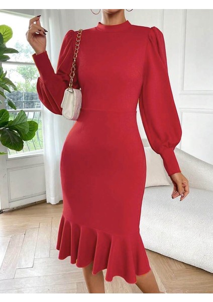 Mottisfashion Kadın Uzun Kollu Yarı Balıkçı Yaka Etek Ucu Fırfır Detaylı Midi Ithal Krep Elbise