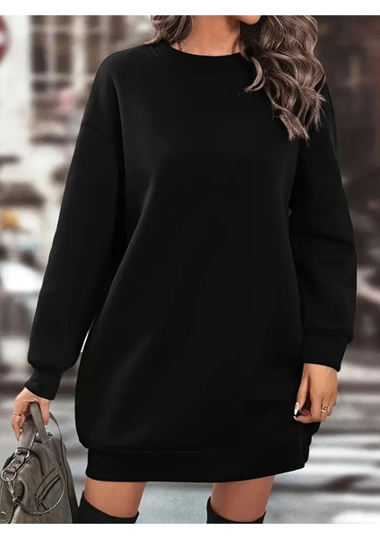 Mottisfashion Kadın Uzun Kollu Bisiklet Yaka Iki Iplik Elbise