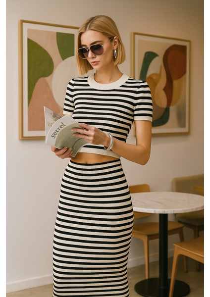 Mottisfashion Çizgili Midi Dokulu Etek