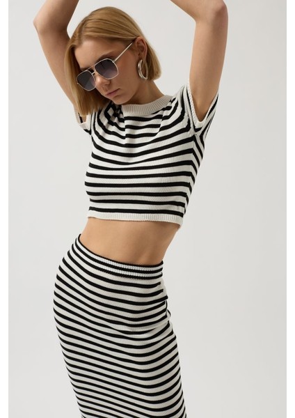 Mottisfashion Çizgili Midi Dokulu Etek