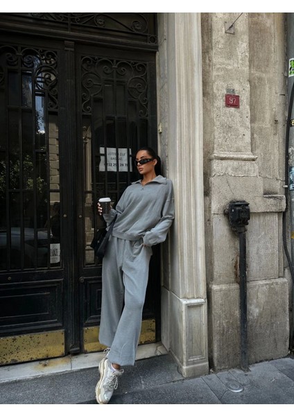 Mottisfashion Yıkamalı Iki Iplik Kumaş Yakalı Fermuarlı Oversize Eşofman Takımı - Gri modelleri