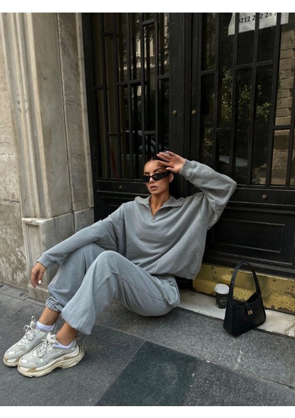 Mottisfashion Yıkamalı Iki Iplik Kumaş Yakalı Fermuarlı Oversize Eşofman Takımı - Gri