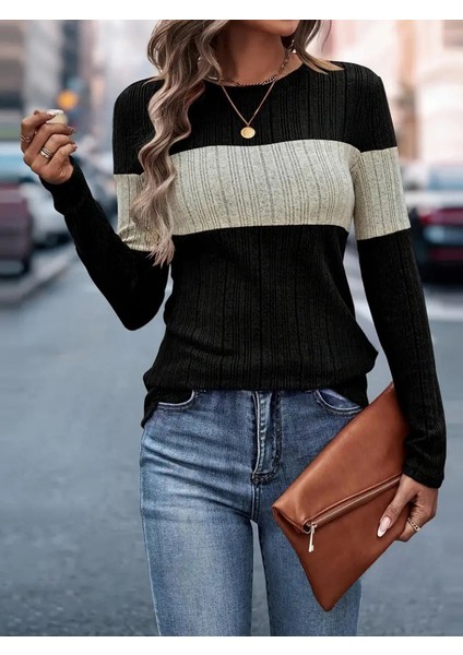Mottisfashion Kadın Uzun Kollu Bisiklet Yaka Çift Renkli Triko Bluz indirimleri